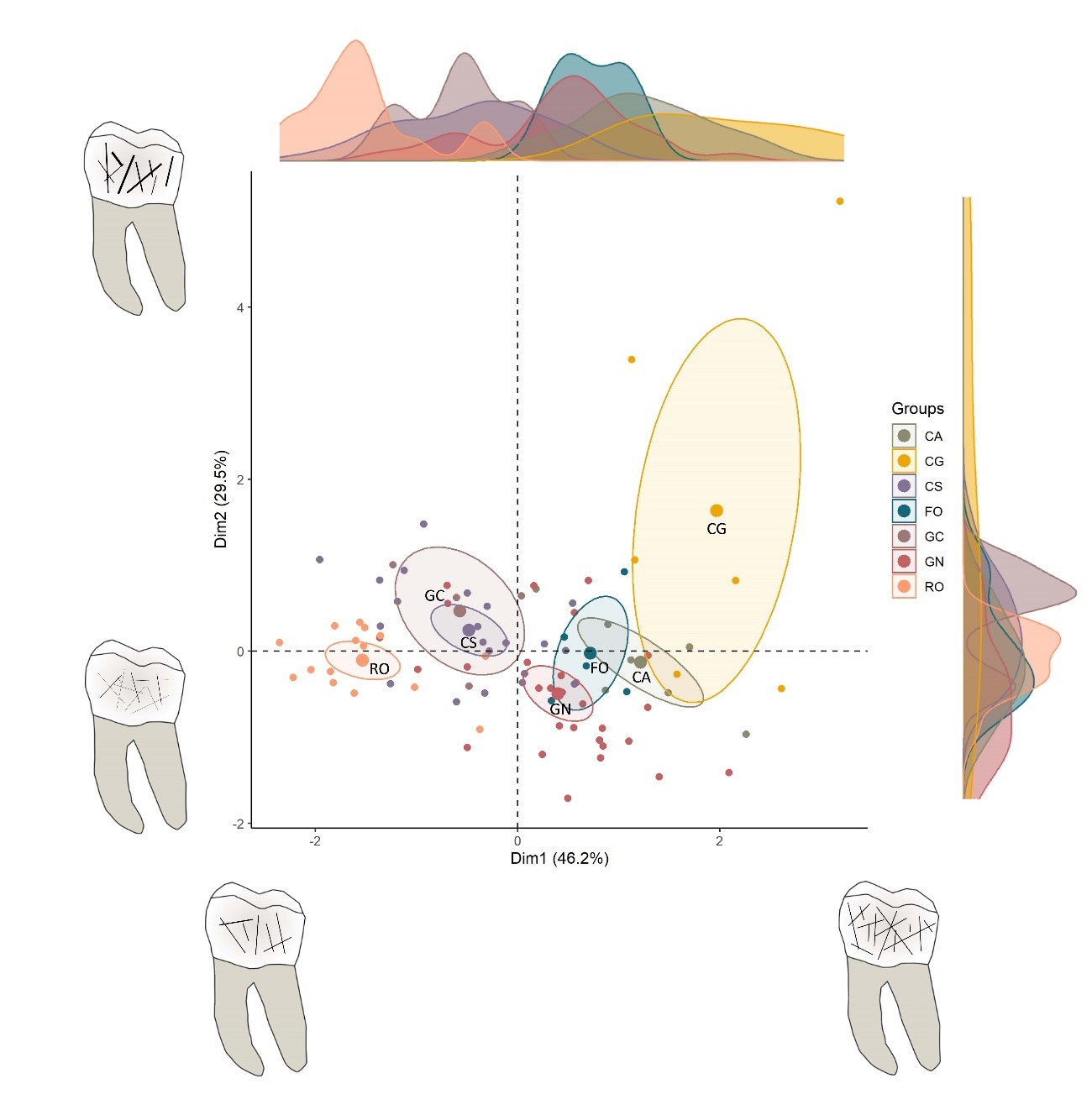 Gráfico de la distribución del microdesgaste dental entre los diferentes grupos agropastoriles de la prehistoria reciente/Raquel Hernando