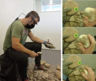 Carver during the making of a biface with eye-tracking glasses and carving sequence. The circle indicates the position of the gaze/María Silva Gago